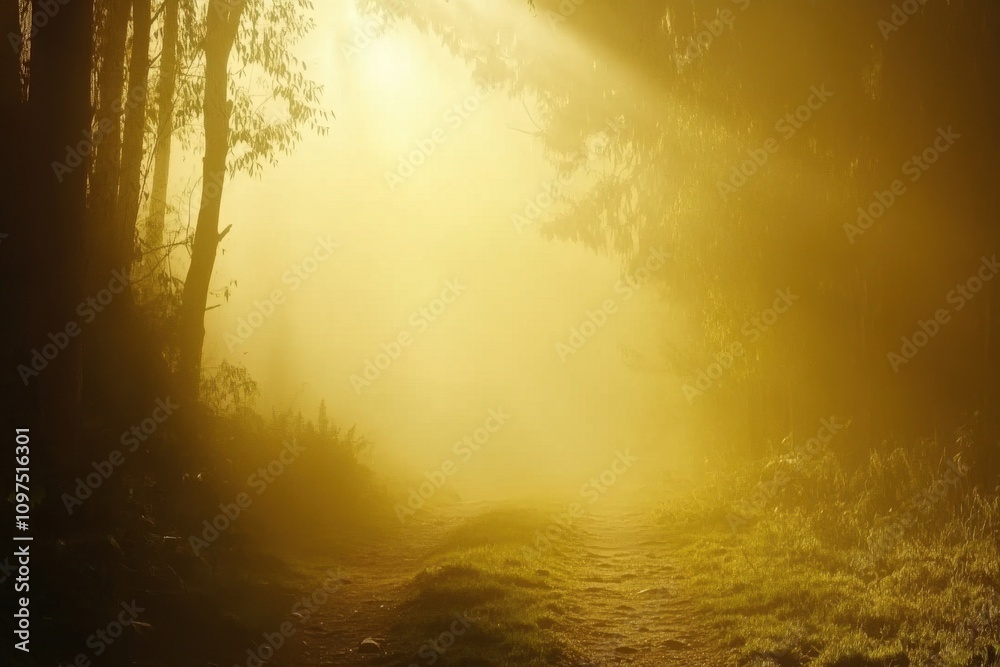 Golden charisma Concept. A serene forest path illuminated by soft, golden light filtering through the trees, creating a mystical and tranquil atmosphere.