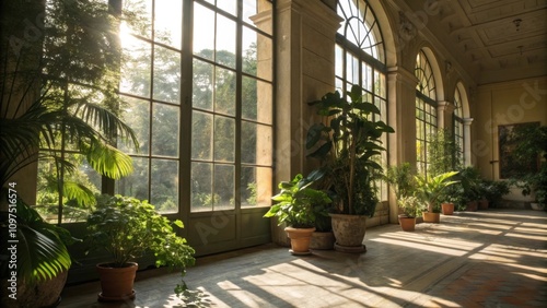 Sunlight streams through large windows illuminating the gleaming surfaces and casting playful shadows. Lush greenery from potted plants enhances the atmosphere providing a