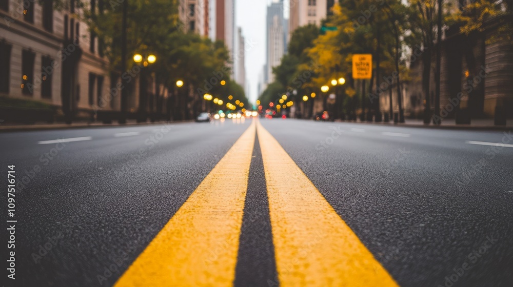 The Road Ahead: A perspective shot down a bustling city street, showcasing the yellow double lines dividing the asphalt path, leading towards a hazy horizon. The image evokes a sense of progress.