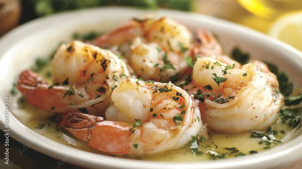Prosciutto-Wrapped Baked Shrimp Delicious garlic butter shrimp with fresh herbs on a plate Prosciutto-Wrapped Baked Shrimp Delicious garlic butter shrimp with fresh herbs on a plate
