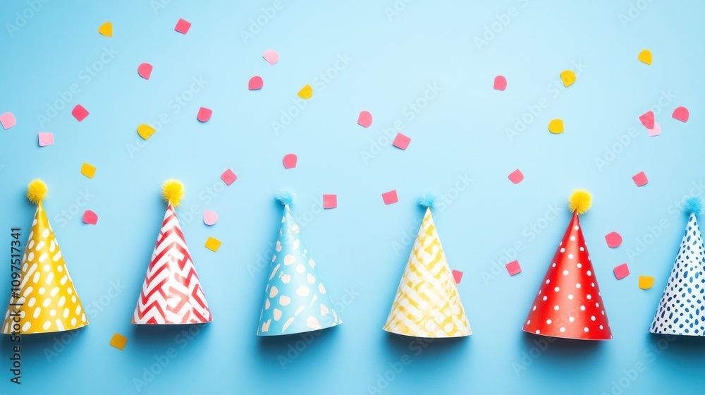 Colorful party hats on a blue background with confetti, perfect for celebrations. Colorful party hats on a blue background with confetti, perfect for celebrations.