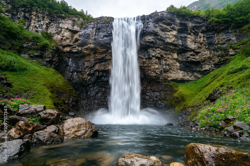 Obraz premium Serene Waterfall cascading down moss-covered rocks, a breathtaking long exposure shot