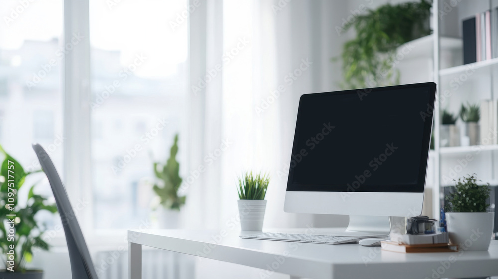desk with laptop near window in modern office interior desk with laptop near window in modern office interior