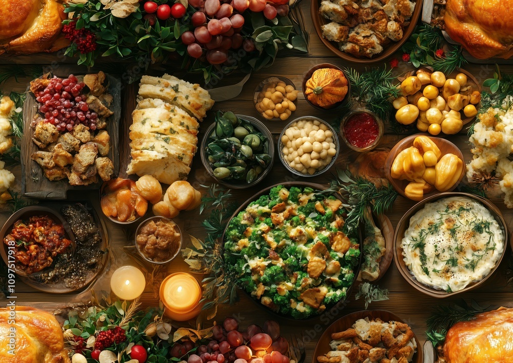 Fototapeta premium Thanksgiving Turkey Dinner Spread Tiled Repeatable Repeat Repeated Tile Pattern Tesselation Illustration Background Image