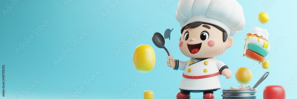 A cheerful cartoon chef character holding a spoon, surrounded by colorful food items. A cheerful cartoon chef character holding a spoon, surrounded by colorful food items.