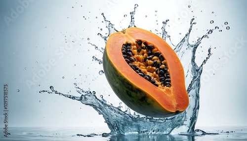 A halved papaya caught in mid-splash 