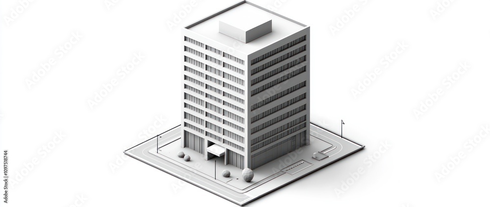 A modern, minimalist office building with geometric design elements and surrounding landscaping.