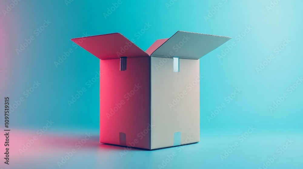 Open Box, Endless Possibilities: An open cardboard box against a vibrant blue and pink background, symbolizing new beginnings, potential, and anticipation. Open Box, Endless Possibilities: An open cardboard box against a vibrant blue and pink background, symbolizing new beginnings, potential, and anticipation.