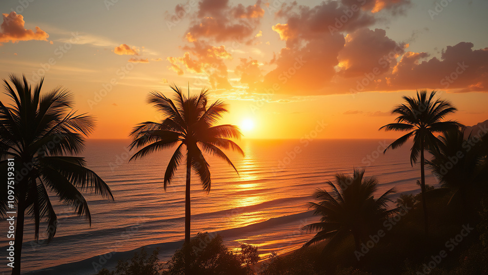 Obraz premium Sunset over the ocean with palm trees in the foreground, tropical, shore