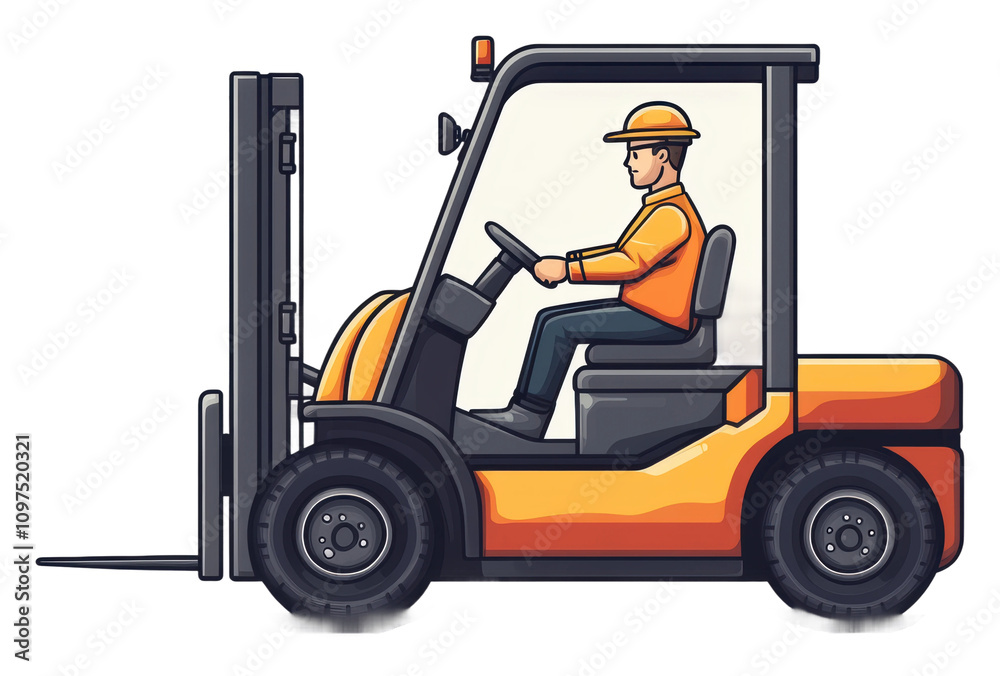 Worker operating forklift in warehouse setting isolated on transparent background Worker operating forklift in warehouse setting isolated on transparent background