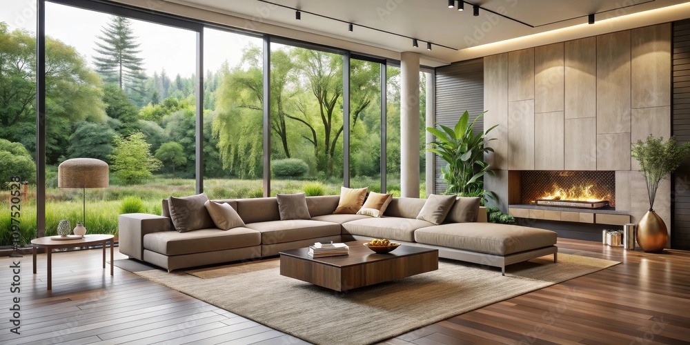 Modern Sectional Sofa in a Luxurious Living Room with a Fireplace and Floor-to-Ceiling Windows Offering a Panoramic View of Lush Greenery