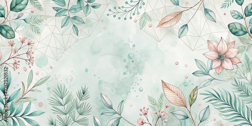 Serene Watercolor Botanical Background Featuring Delicate Floral Elements and Geometric Accents