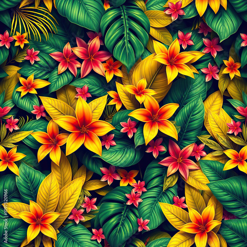 Vibrant yellow and green tropical leaves and flowers seamless pattern, tropical, design