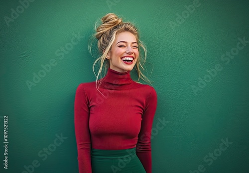 A beautiful woman in a red turtleneck and green skirt, laughing with her mouth open against a background of emerald color