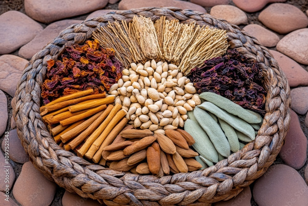 A basket filled with Ayurvedic herbs like dried amla, brahmi, and shatavari placed on a woven mat A basket filled with Ayurvedic herbs like dried amla, brahmi, and shatavari placed on a woven mat