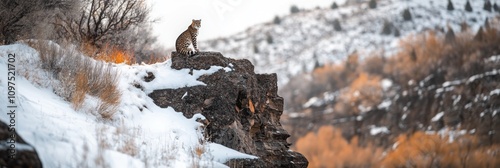 A solitary animal perched on a rocky outcrop in a snowy landscape during autumn.