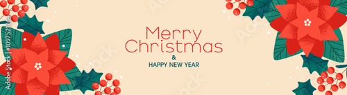 Christmas background design with poinsettia and nuts