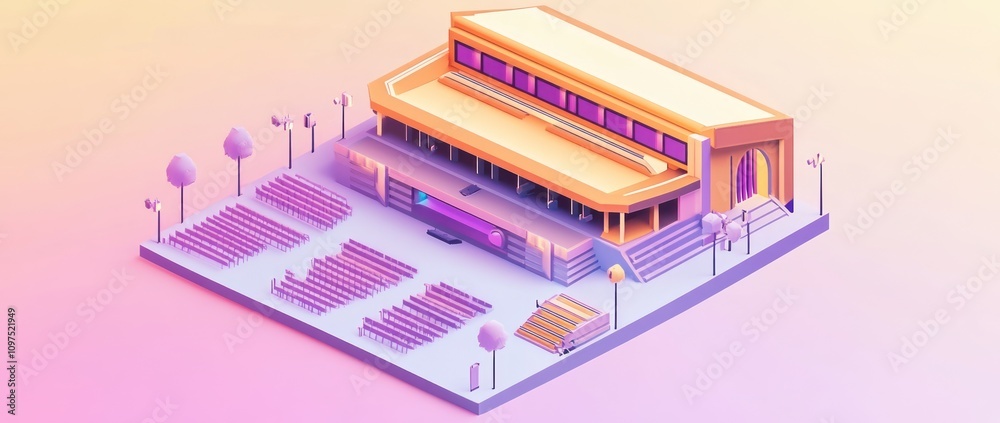 Fototapeta premium A stylized building with seating, likely for events or performances, in vibrant colors.