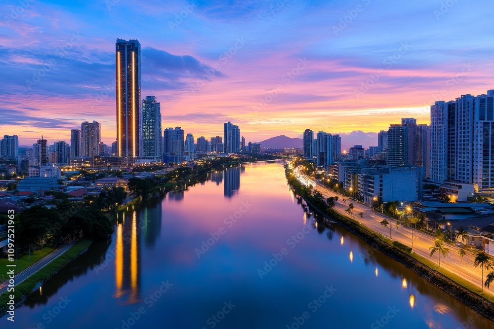 A cityscape reflected in a river under an azure dusk sky, with soft pink hues blending into the horizon A cityscape reflected in a river under an azure dusk sky, with soft pink hues blending into the horizon