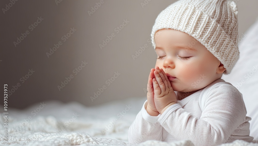Cute baby in white and hat praying, sitting on the bed with a soft blanket, isolated against the background of a basket, with copy space for text or design Cute baby in white and hat praying, sitting on the bed with a soft blanket, isolated against the background of a basket, with copy space for text or design