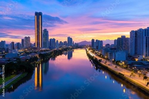Wallpaper Mural A cityscape reflected in a river under an azure dusk sky, with soft pink hues blending into the horizon Torontodigital.ca