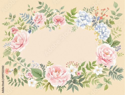 Watercolor floral illustration with various types of flowers and leaves on a textured background, pastel hues, watercolor floral, spring decor, flower arrangement
