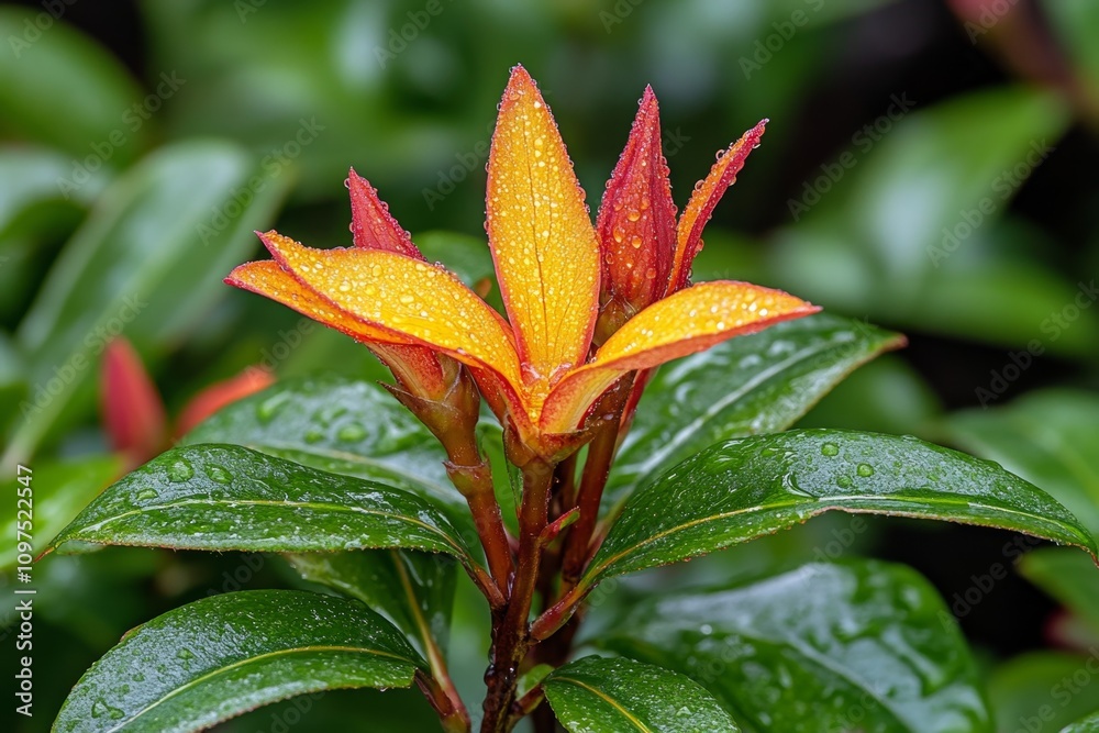 A close-up of azalea buds just starting to open, with morning dew glistening on their surfaces A close-up of azalea buds just starting to open, with morning dew glistening on their surfaces