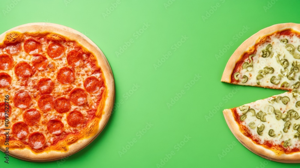 Pepperoni and Cheese Pizza on Green Background Pepperoni and Cheese Pizza on Green Background