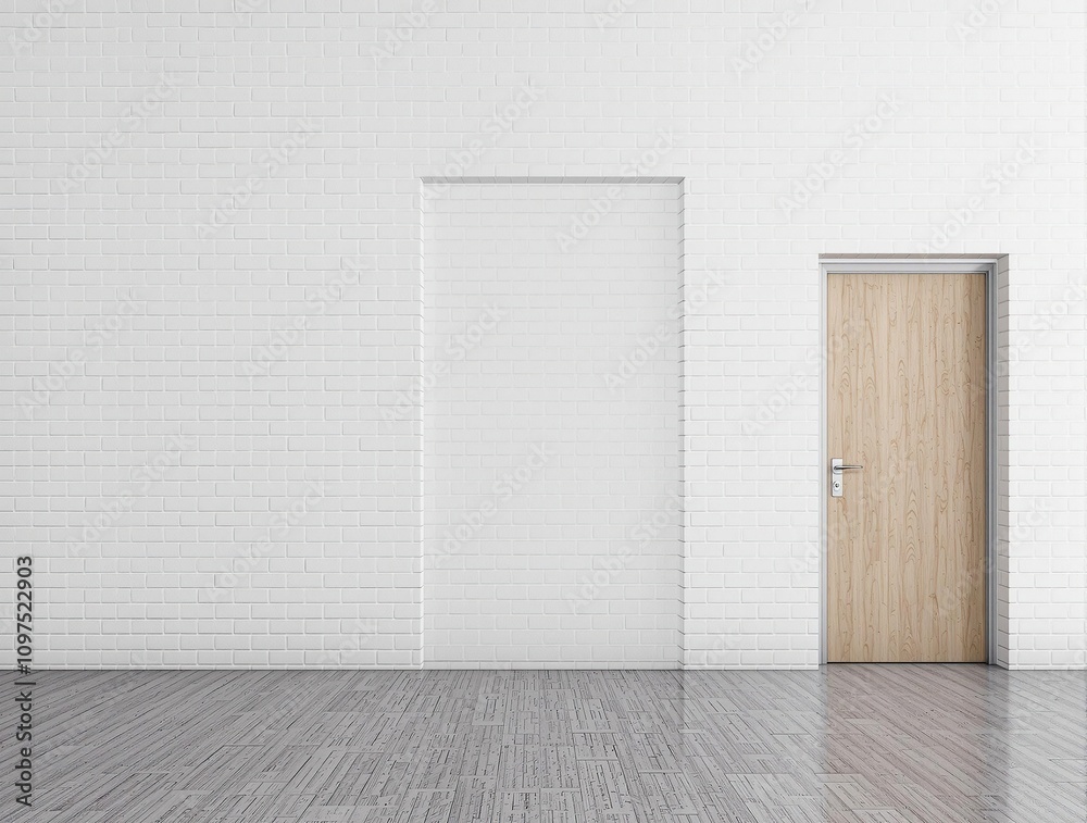 White brick wall with a modern wooden door and metal frame, contemporary design, metal frame, sleek architecture, modern door, white brick wall White brick wall with a modern wooden door and metal frame, contemporary design, metal frame, sleek architecture, modern door, white brick wall