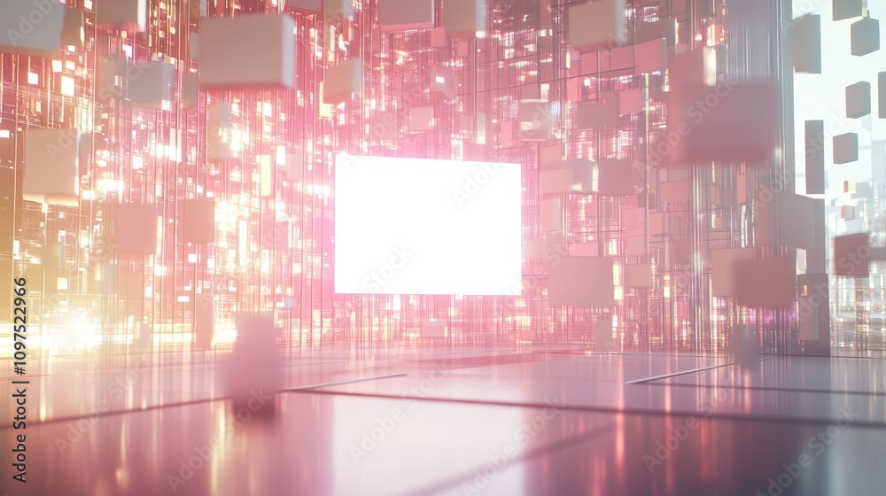 A futuristic digital landscape featuring glowing cubes and a central blank screen. A futuristic digital landscape featuring glowing cubes and a central blank screen.