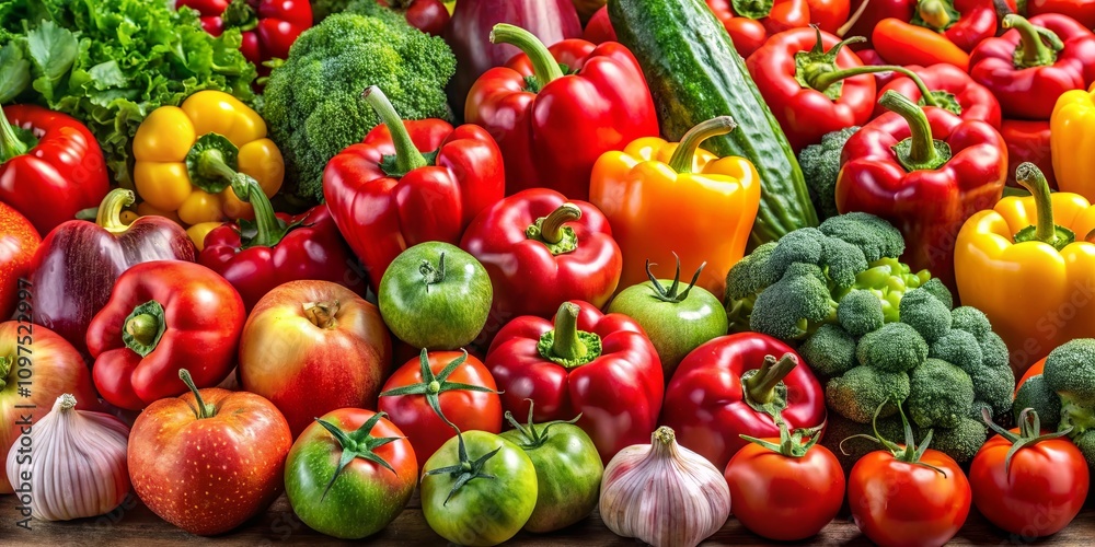 A vibrant collection of fresh, ripe produce, including bell peppers, tomatoes, broccoli, apples, and cucumbers, showcasing a healthy and colorful harvest.