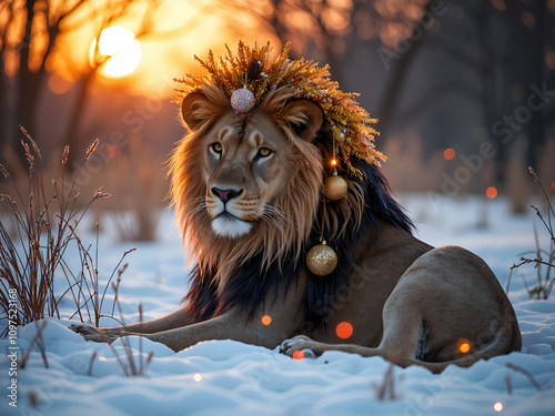 Majestic lion adorned with seasonal decor in a snowy sunset landscape, digital art of fantasy concept. photo