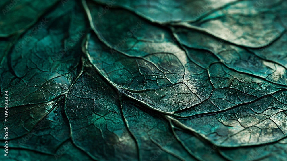Fototapeta premium A close-up of a textured green leaf reveals intricate veins and vibrant hues, highlighting the beauty of nature's design.