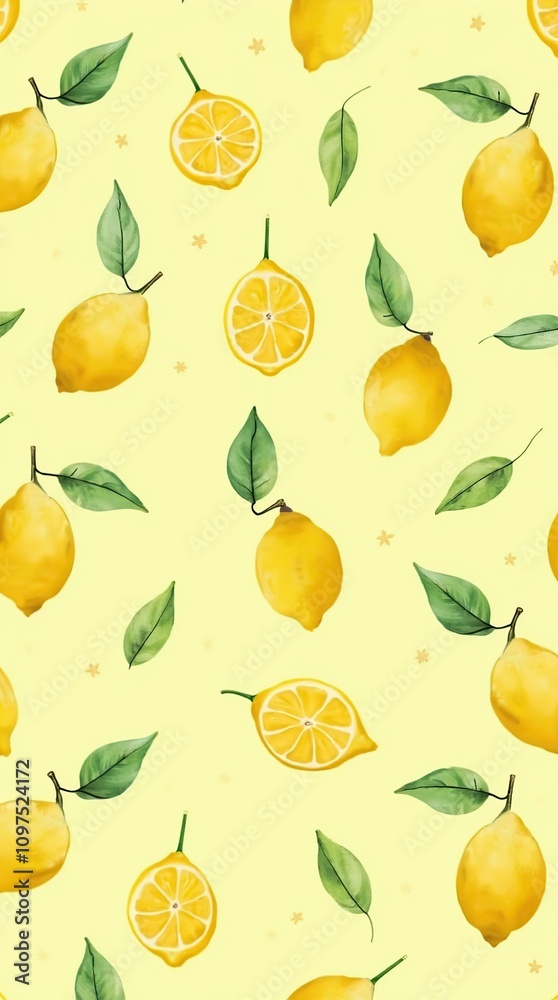 Obraz premium Whimsical Summer Pattern with Vibrant Lemons and Green Leaves