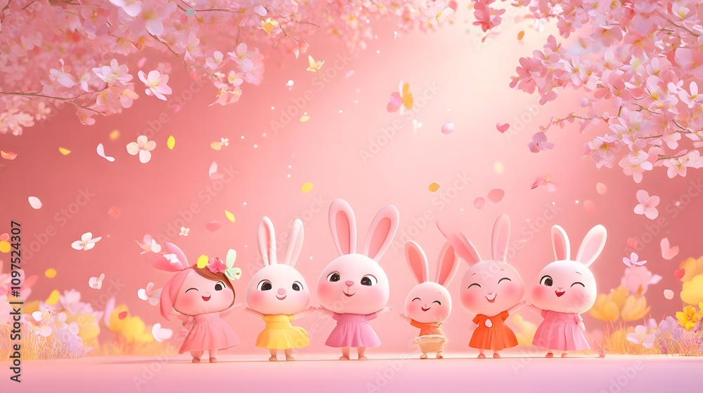 Cute bunnies and girl in pink cherry blossom scene. Cute bunnies and girl in pink cherry blossom scene.
