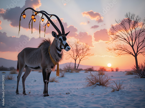 Majestic antelope beneath a vibrant sunset with unique lamp antlers, digital art of fantasy realism concept. photo