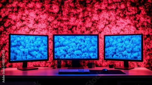 Triple Monitor Setup with Pink Flower Wall: A modern minimalist workspace featuring three monitors against a vibrant pink flower wall. photo