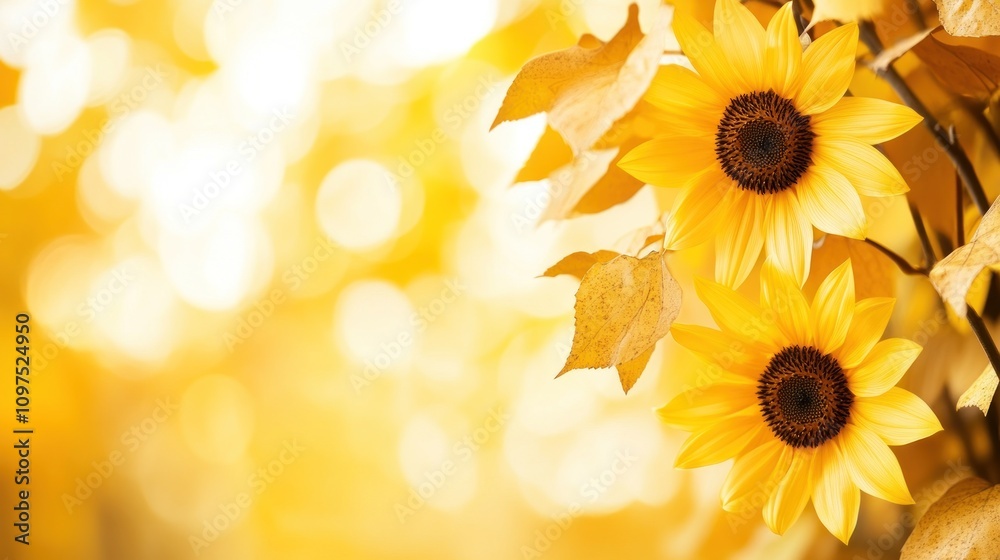 Naklejka premium A vibrant display of sunflowers surrounded by warm autumn leaves and soft bokeh background.