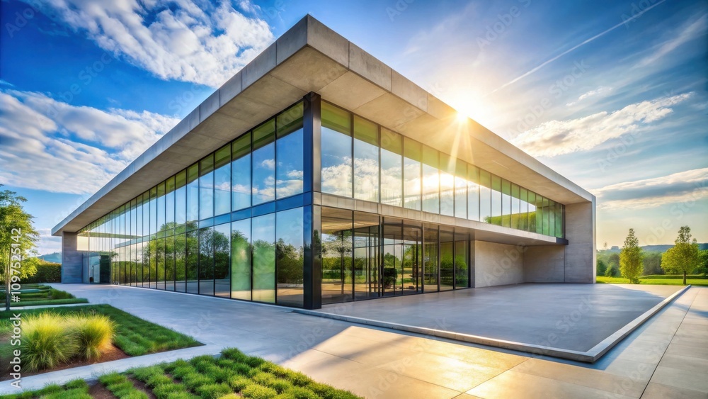 Modern Architectural Design Glass Facade Office Building with Landscaped Grounds Modern Architectural Design Glass Facade Office Building with Landscaped Grounds