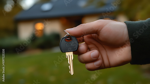 A person's hand holds a set of house keys in his hand. Background of a new house with a green yard.