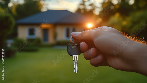 A person's hand holds a set of house keys in his hand. Background of a new house with a green yard.
