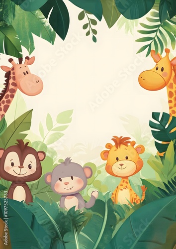 Cute jungle animals in lush foliage, creating a frame.