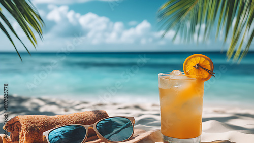 Glass of lemon drink with ice and straw, beautiful white sand beach and ocean background.