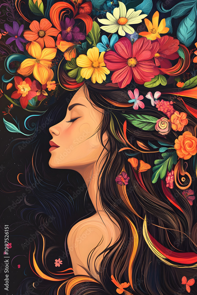 Illustration featuring a woman with long flowing hair adorned with an array of vibrant flowers Illustration featuring a woman with long flowing hair adorned with an array of vibrant flowers