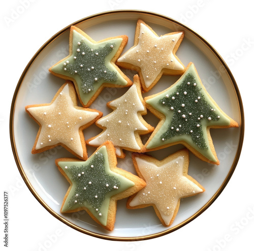 Delicious holiday sugar cookies in festive shapes on a plate isolated on transparent background