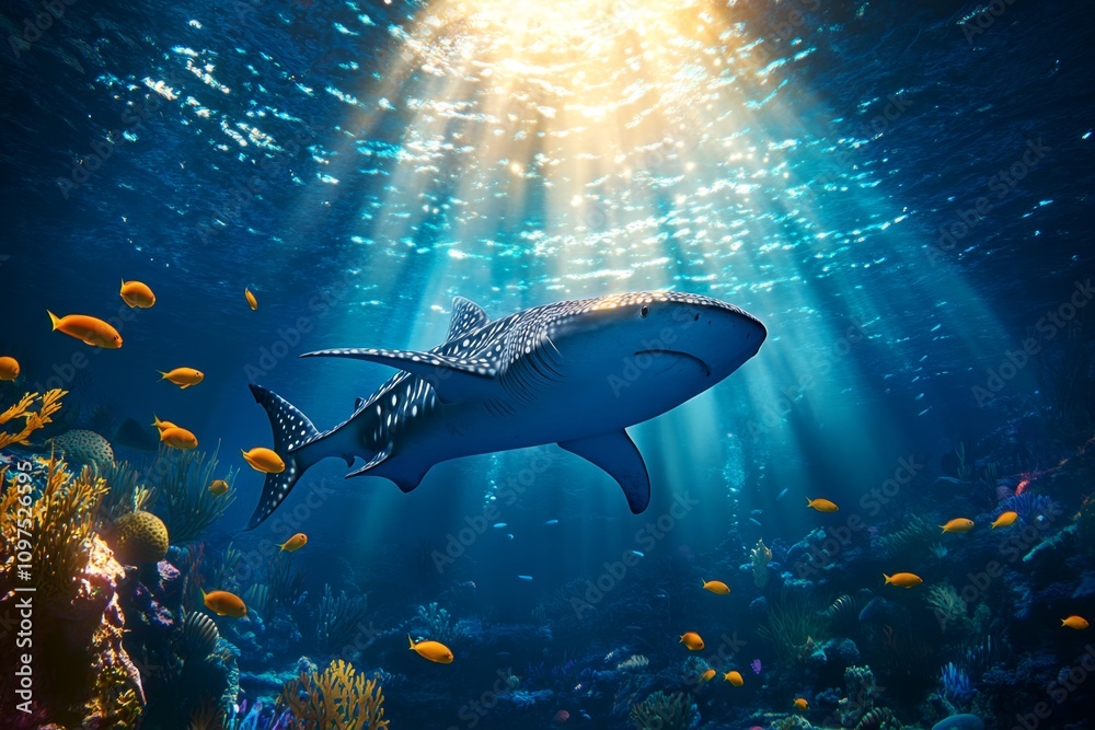 Fototapeta premium Aquatic habitat featuring a large whale shark, surrounded by small fish and divers observing from a distance