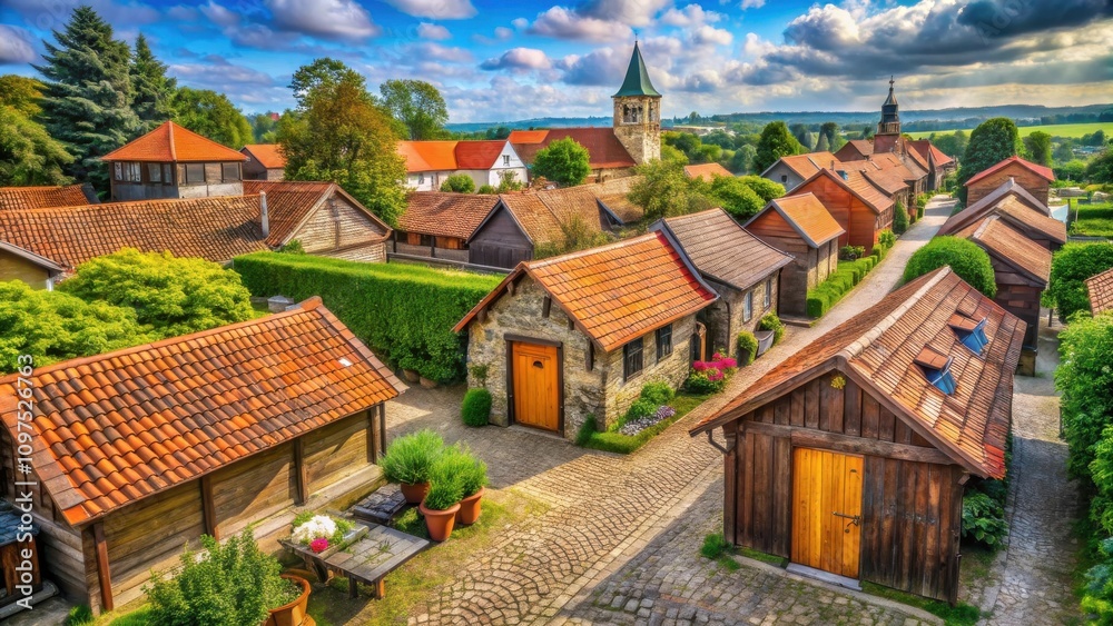 Quaint Village Scene Charming Stone and Wooden Houses, Cobblestone Paths, Lush Greenery, and Church Steeple