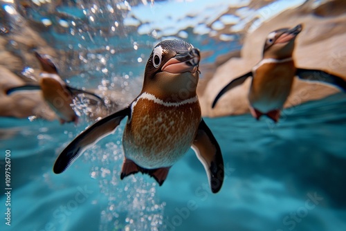 Aquatic habitat with penguins diving into icy blue waters, leaving trails of bubbles as they swim photo