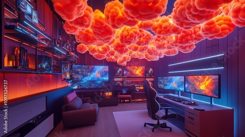 A high-tech gaming room with neon-red cotton-like structures suspended from the ceiling, glowing with soft light and occasional bursts of orange lightning. 