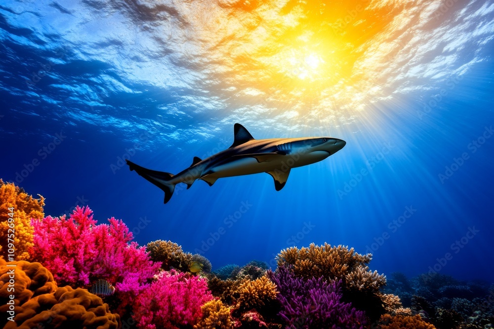 Fototapeta premium Aquatic reef shark swimming confidently in shallow waters, with vibrant coral and sunlight creating a dramatic scene